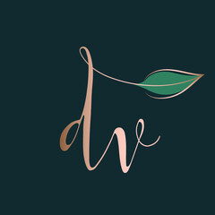 DV monogram logo.Typographic icon with calligraphic script letter d and letter v. Lettering icon. Alphabet initials isolated on green background.Signature style elegant rose gold characters and leaf.