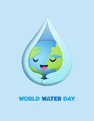 World water day concept, Paper art style of the two hands of the water embracing the world