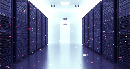 Modern Server Room Environment. Computer Racks All Around With Flying Numbers. Technology Related 3D Illustration Render.