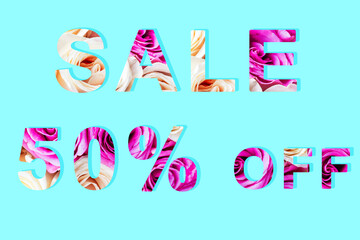 Inscription 20% off discount promotion sale poster made from tulip flowers. Women's day sale banner, ads.