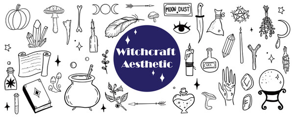 Hand darwn vector witchcraft clipart. Graphic line work of magical tools set. Mystical elements set. Different types of vector dark academia tools. Isolated vector witchcraft icons.