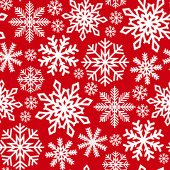 Naklejka na ściany i meble Beautiful different white snowflakes isolated on red background. Cute festive seamless pattern. Vector flat graphic illustration. Texture.