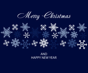 Fototapeta na wymiar Merry Christmas and Happy New Year card design with the snowflakes on blue background