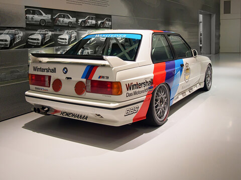 MUNICH, GERMANY-APRIL 4, 2017: 1989 BMW M3 Group A DTM 2.3 (Drivers: Ravaglia, Cecotto, Soper, Giroix) in the BMW Museum.
