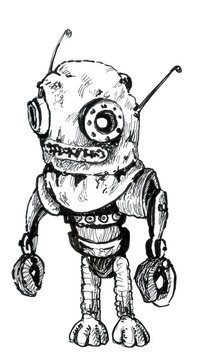 Robot, cartoon character. Ink illustration.