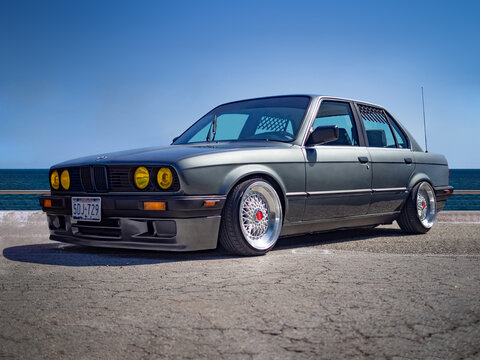 BARCELONA, SPAIN-SEPTEMBER 29, 2019: BMW 3 Series (E30) four-door sedan (Second generation of BMW 3 Series)