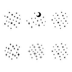 Black vector stars and moon Set. Minimal sparkles isolated on white. Vector illustration