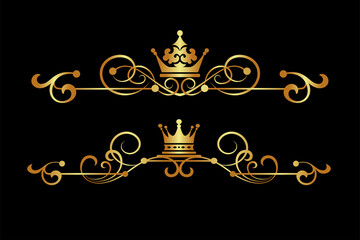 Design elements, isolated gold on black background, royal style, vintage, vector graphic