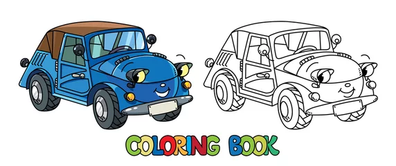 Stickers pour porte Course de voitures Funny small retro car with eyes. Coloring book