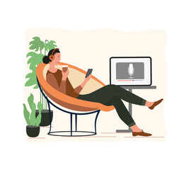 Cartoon people listening and recording audio podcast or online show vector flat illustration. Mass media broadcasting isolated objects on white
