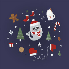 Cute cartoon walrus in christmas scarf around new year symbols, christmas tree, gingerbread and gifts, childish illustration for card