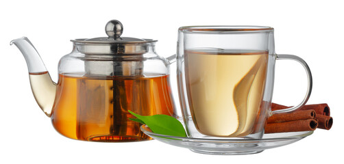 Glass teapot and glass cup with tea isolated on white