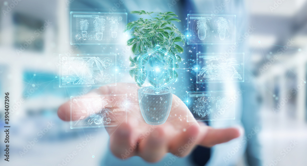 Leinwandbilder man holding and touching holographic projection of a plant with digital analysis 3d rendering