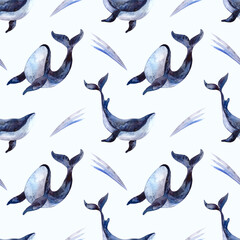 Seamless watercolor pattern with whales on a light blue background. Watercolor illustration with a whale for fabrics, clothing, postcards, packaging paper. Nautical theme.