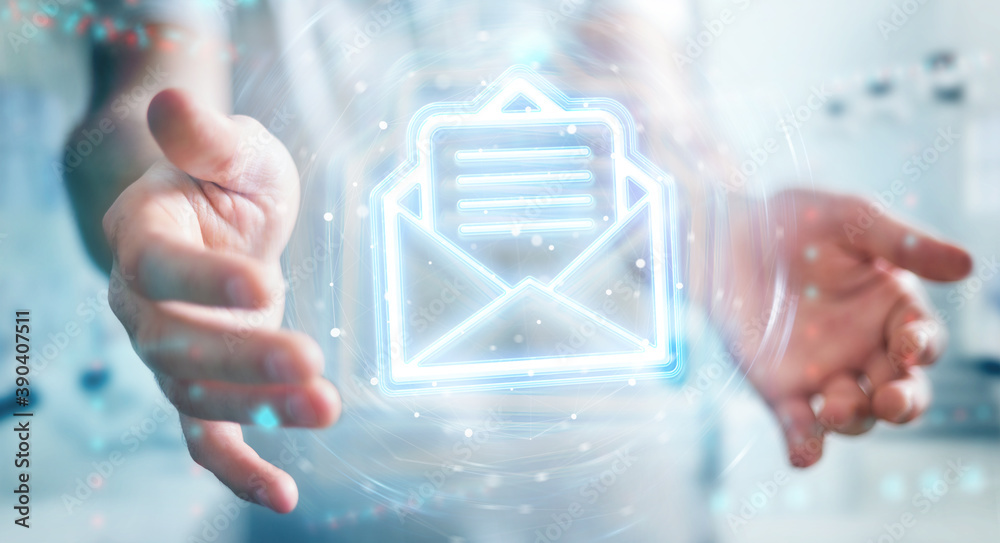 Aufkleber Man using digital email blue holographic interface 3D rendering