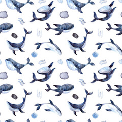 Seamless watercolor pattern with whales on a white background. Watercolor illustration with a whale for fabrics, clothing, postcards, packaging paper. Nautical theme.
