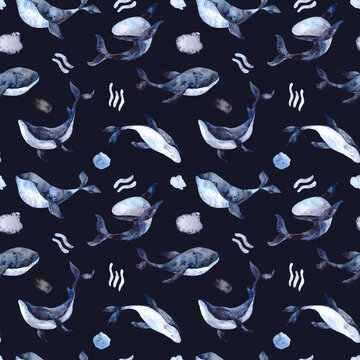 Seamless watercolor pattern with whales on a dark blue background. Watercolor illustration with a whale for fabrics, clothing, postcards, packaging paper. Nautical theme.
