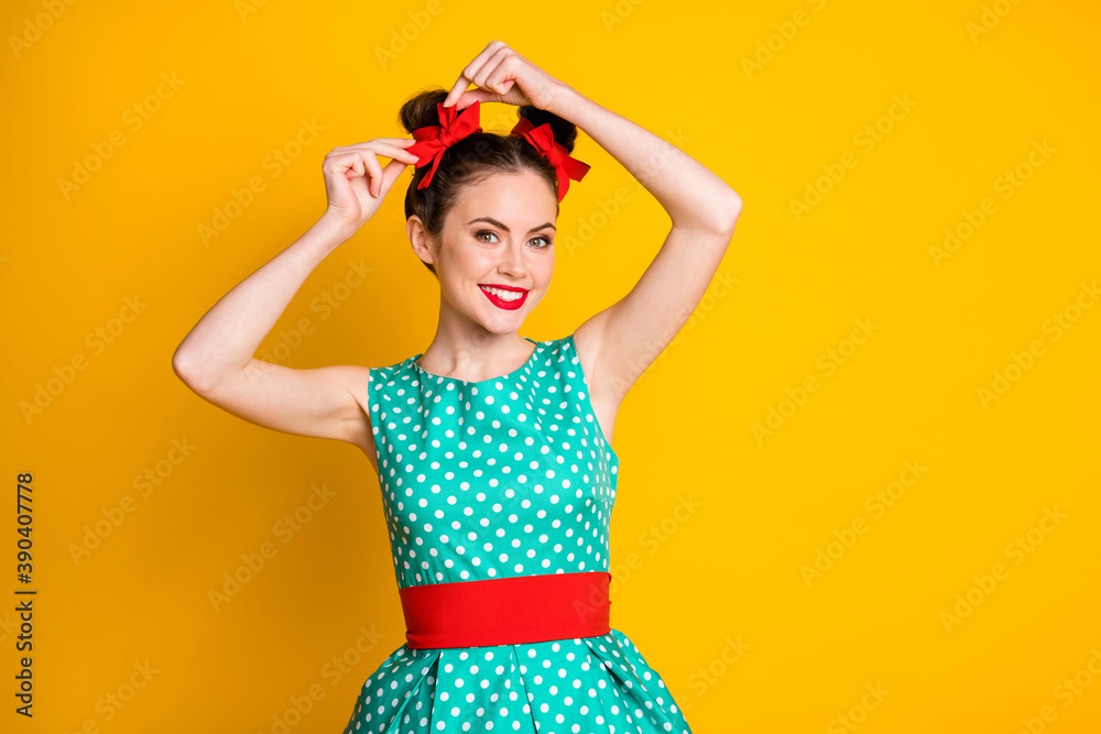 Sticker Photo of cheerful dreamy girl fix her hairdo wear good look teal clothes isolated over bright color background