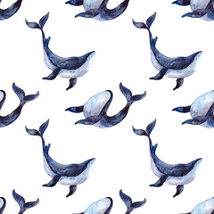 Seamless watercolor pattern with whales on a white background. Watercolor illustration with a whale for fabrics, clothing, postcards, packaging paper. Nautical theme.