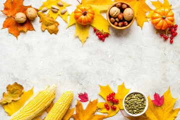 Autumn top view background with pumpkins corn and nuts