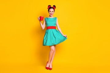 Full body photo of positive girl hold caffeine beverage mug touch teal skirt isolated bright shine...