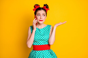 Photo of unsure girl smartphone call wear green red skirt isolated bright shine color background