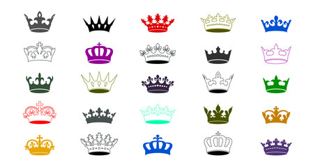Set colour king crowns on white background. Vector Illustration. Emblem, icon and Royal symbols.