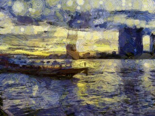 Fototapeta na wymiar Landscape of the Chao Phraya River Illustrations creates an impressionist style of painting.