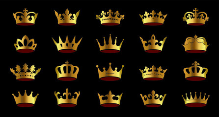Set vector golden king crowns icon on white background. Vector Illustration. Emblem, icon and Royal symbols.