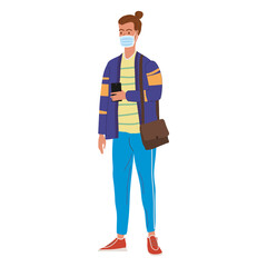 Fototapeta premium Young man student in modern autumn trendy clothes. In medical mask, individual protection from viruses, smog, vapor. Fashion casual outerwear street style character. Flat cartoon style vector isolated