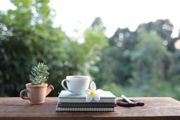 White coffee cup and flower with succulent plant
