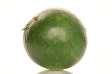 Ripe organic watermelons, close-up, on a white background.