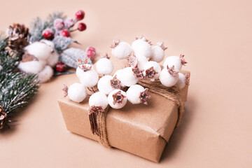 Festive concept. Happy new year or christmas. Handmade craft paper gift boxes. 