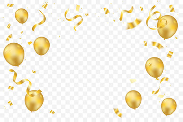 Golden Tiny Confetti With Balloon And Streamer Ribbon Falling On Transparent Background. Vector