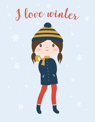 Obraz na płótnie Canvas winter card with cute girl, vector illustration