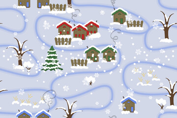 winter landscape with houses and trees, seamless pattern
