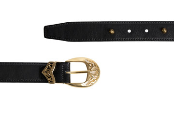 Leather black belt, with gold inserts on a white background