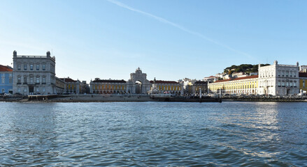 Pra&ccedil;a do Com&eacute;rcio seen from a boat on the Tagus River, Lisbon, Portugal