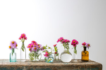Autumn asters in small pharmacy bottles instead of vases on a long wooden bench against white wall.