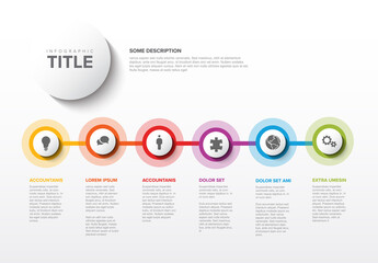 Six white circle steps timeline process infographic