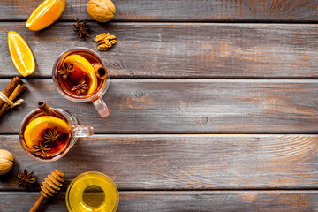 Mulled wine with ingredients for Christmas - space for recipe