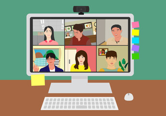 Online meeting. Video conference. Web work briefing. home, live meeting, desktop PC, solo, lesson, vector illustration, graphic, work from home job.
