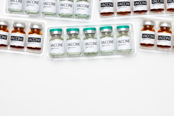 Pile of vials of Sars-cov-2 vaccine close up