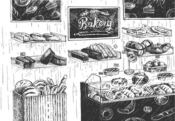 Bakery shop interior with bread