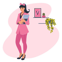 Young fashionable business woman, office worker, accountant or student. A girl in a pink suit holds a contract and documents in her hands. Flat vector illustration