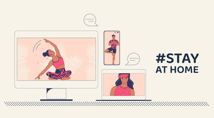 Video call on smartphone, computer and laptop. The concept of doing sports and yoga online. Stay at home. Flat vector illustration