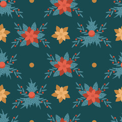 Obraz premium Merry Christmas and Happy New Year seamless pattern with poinsettia, holly leaves and berries. For greeting cards, wrapping papers. Vector illustration on dark green background.