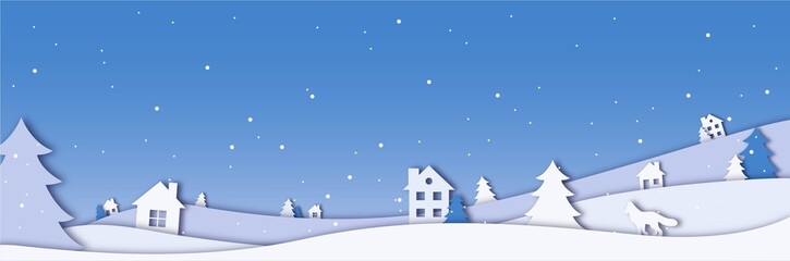 Fototapeta na wymiar Winter landscape template. Night village with snowfall and fashionable cutout design.