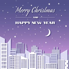Merry Christmas and Happy new year illustration. Night city and snowfall, fashionable cutout design.