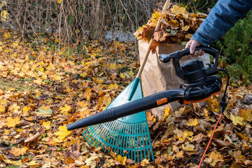 a man using an electric leaf blower to clean up a yard
